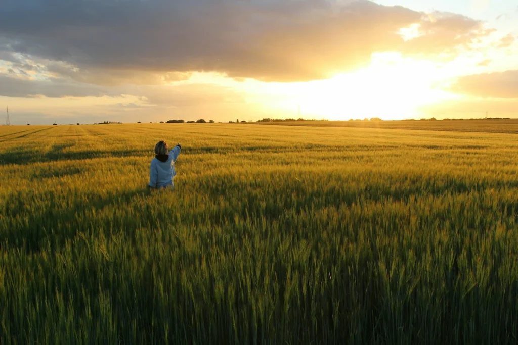 escapade en Normandie femme dans un champ au coucher de soleil slow tourisme